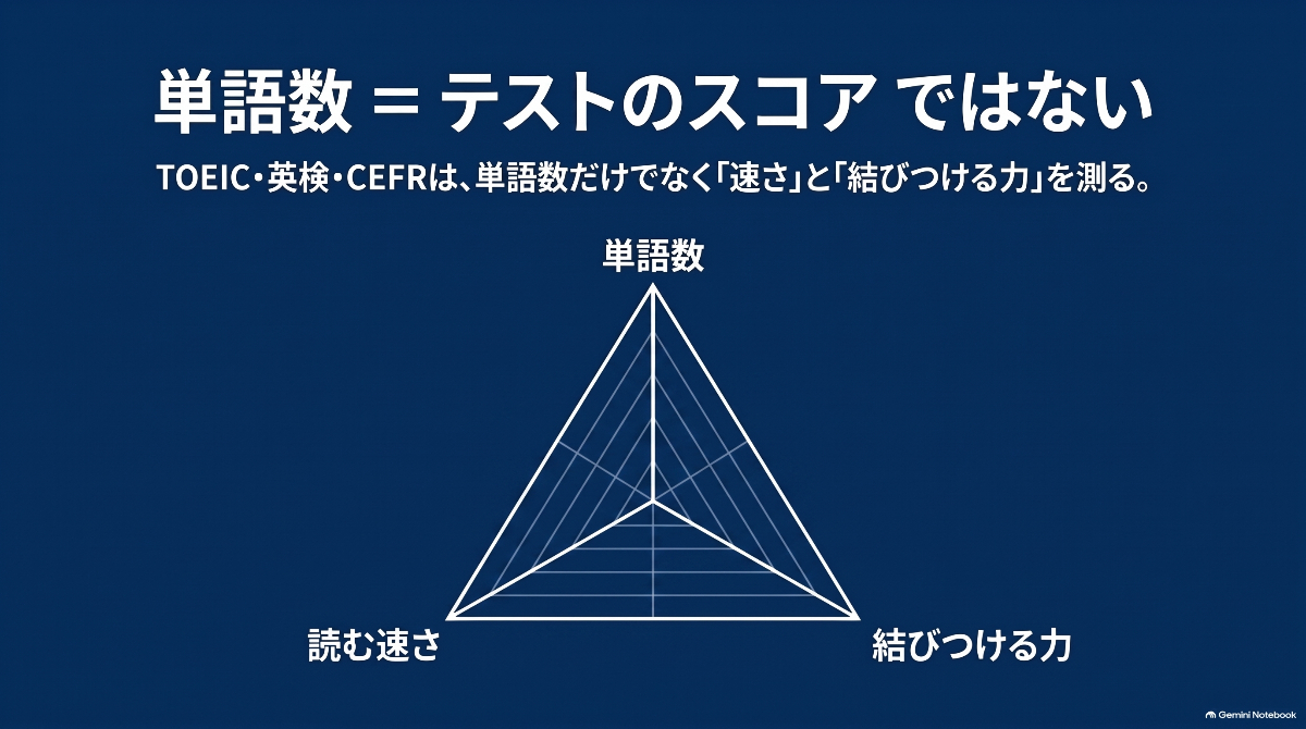 単語数イコールテストのスコアではなく、速さや結びつける力も必要であることを示したスライド