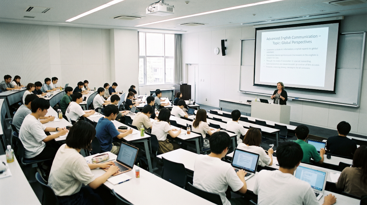 日本の大学で学生たちが英語の講義を受けている様子