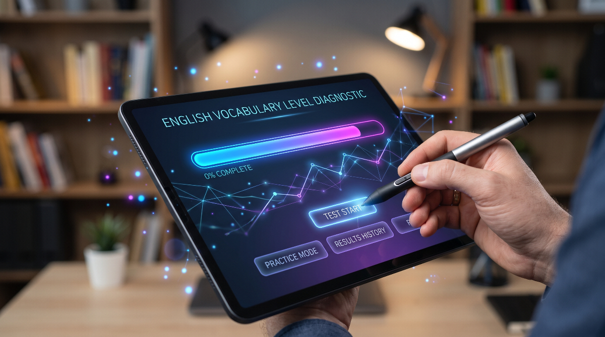 英語の語彙レベル診断がタブレット画面に表示されている様子