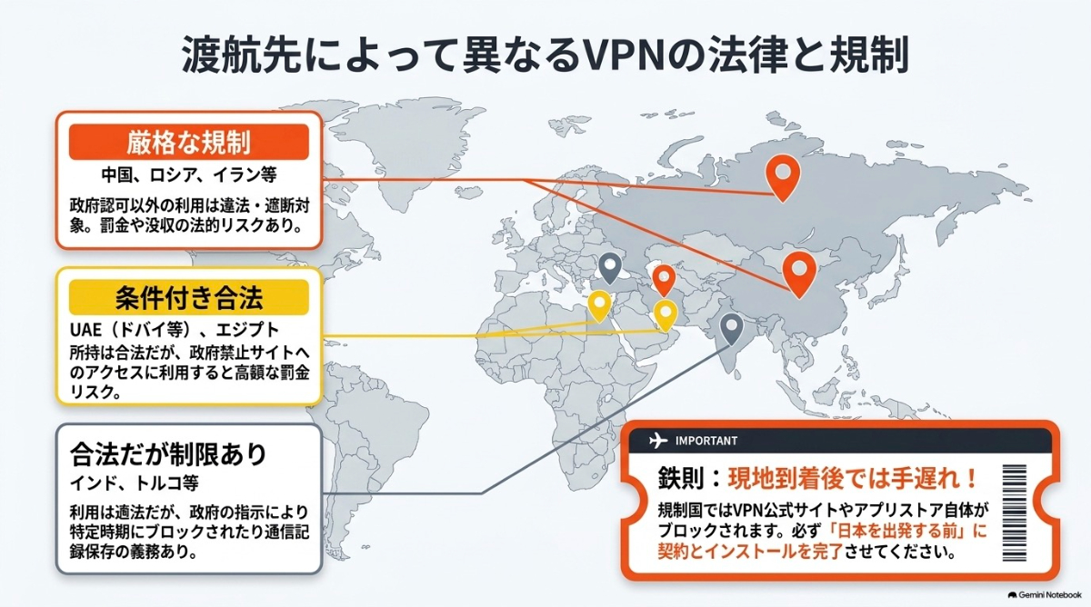 VPNにおける厳格な規制国、条件付き合法の国、制限ありの国の法的な扱いの違いと出発前の準備の必要性を説明したスライド