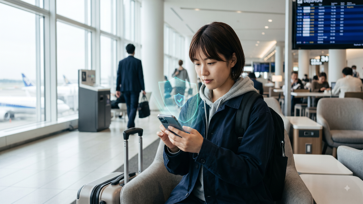 空港でVPNを利用し、スマートフォンを安全に操作する日本人女性