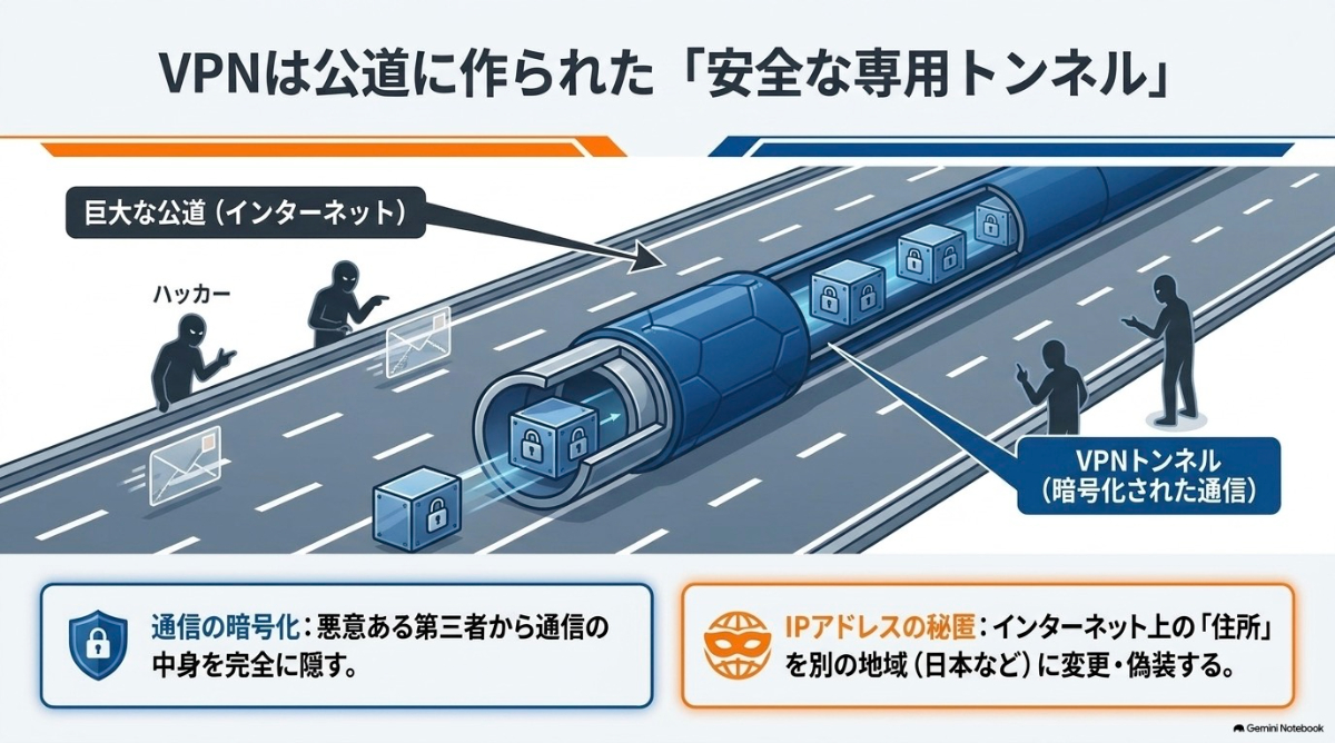 巨大な公道であるインターネット上に暗号化された安全な専用トンネルを構築しするVPNの仕組みを図解したイメージ