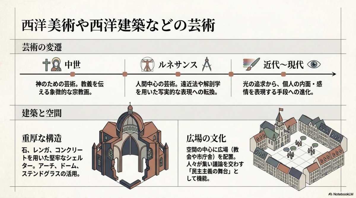 石やレンガを用いた重厚な建築構造や、広場を中心に人々が集う西洋の都市計画を表したイラスト