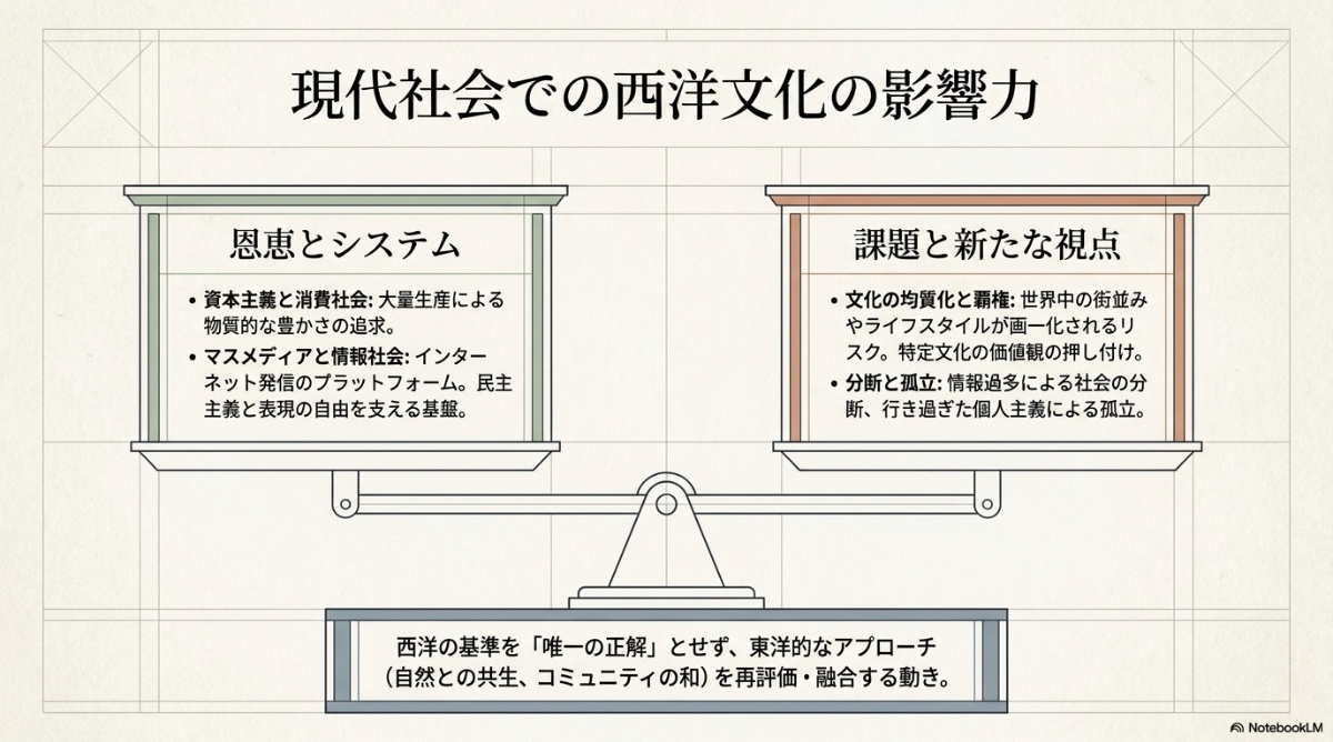 資本主義や情報社会といった西洋文化の恩恵と、文化の均質化や分断といった課題を天秤にかけた図解