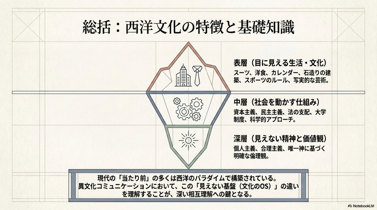 目に見える表層の文化、社会を動かす中層の仕組み、見えない深層の精神と価値観からなる西洋文化の構造ピラミッド