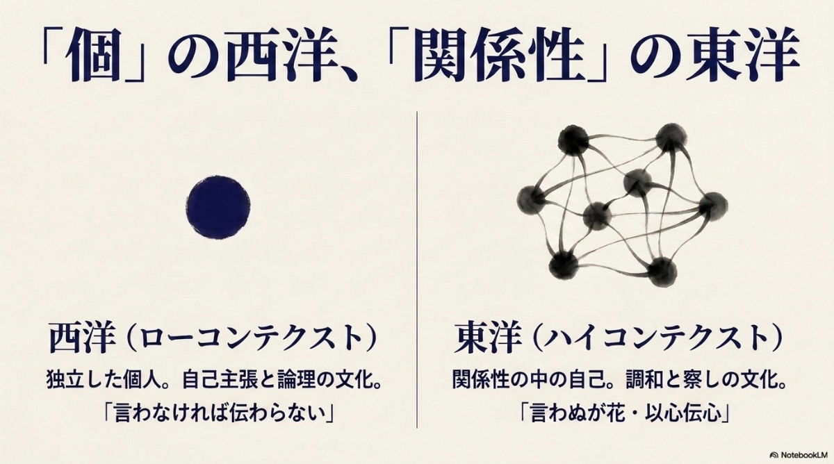 独立した個を重んじる西洋文化と、関係性や調和を重視する東洋文化の比較