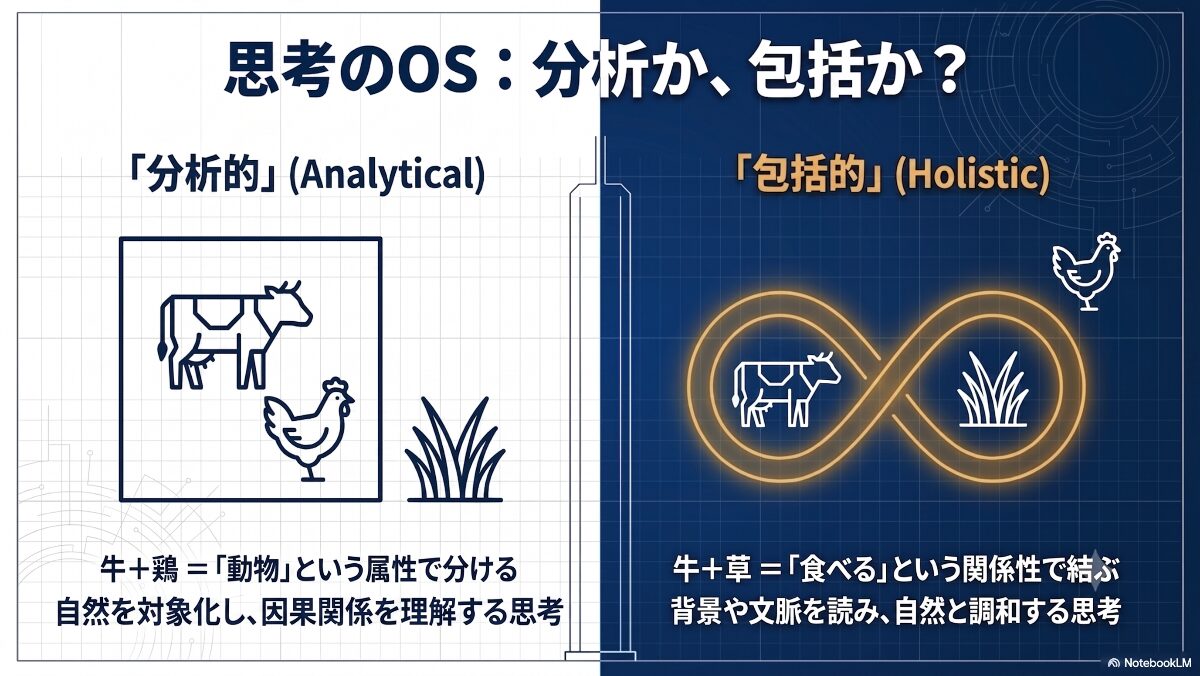 対象を属性で分ける西洋の分析的思考と、関係性で結ぶ東洋の包括的思考の違いを比較した図
