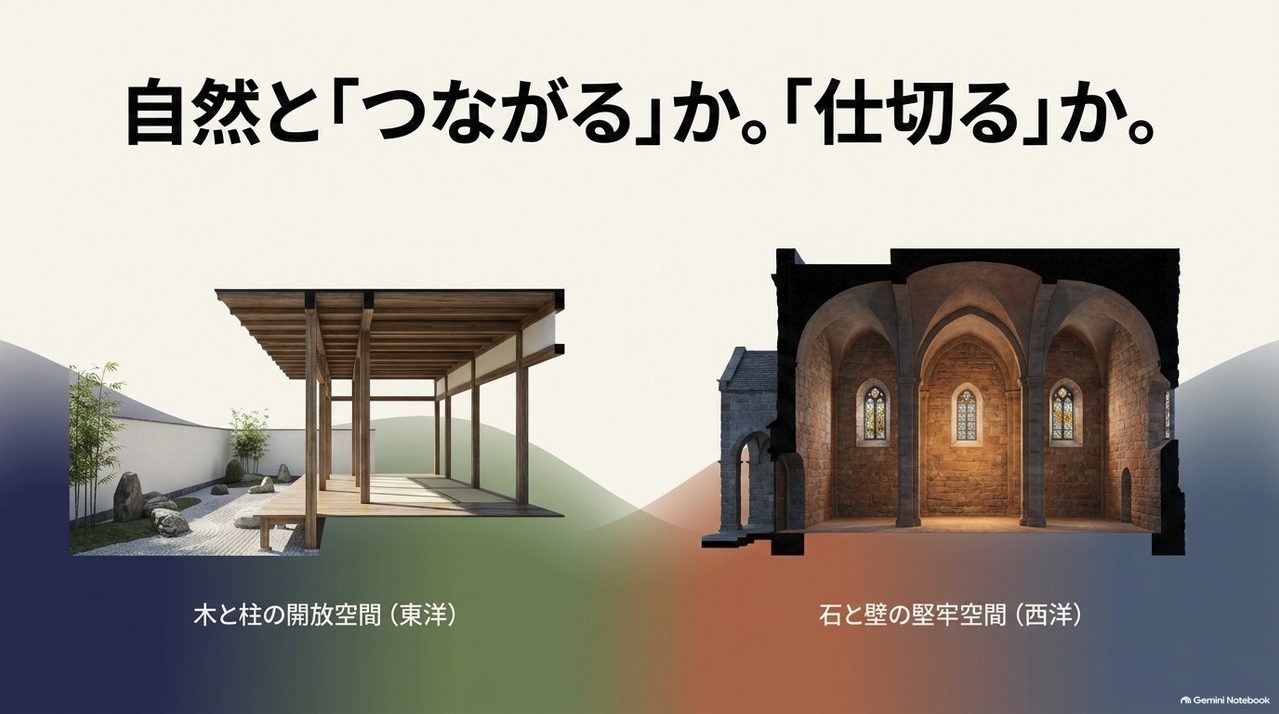 自然とつながる木と柱の東洋の建築と、自然を仕切る石と壁の西洋の建築を対比させたスライド