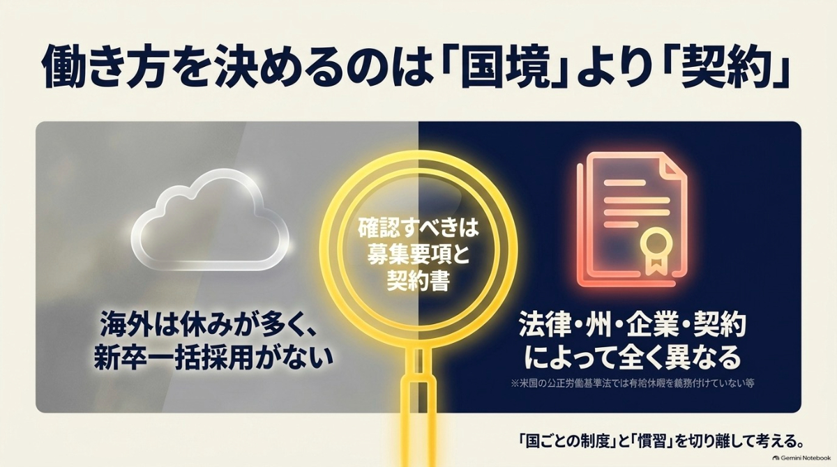 働き方を決めるのは国境よりも契約であり、法律や州、企業によって待遇が異なることを示す図