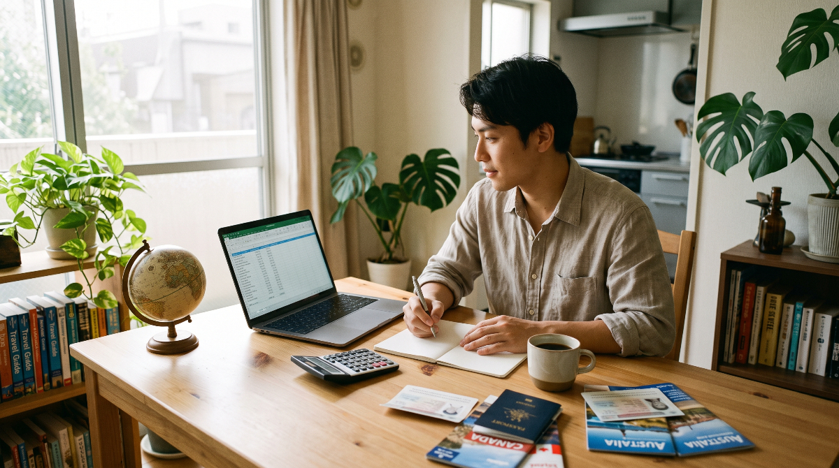 ワーホリエージェントの無料条件や費用相場をパソコンと電卓で比較する日本人男性