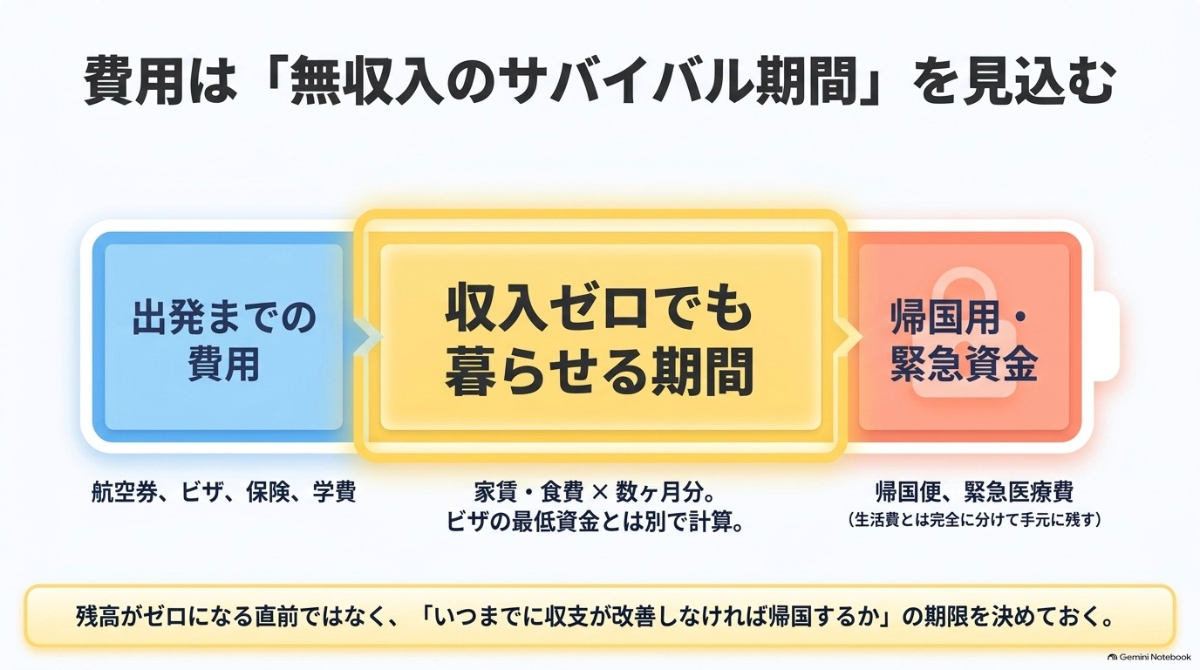 ワーホリの費用を「出発までの費用」「収入ゼロでも暮らせる期間」「帰国用・緊急資金」の3つに分けて管理する重要性を示す図解