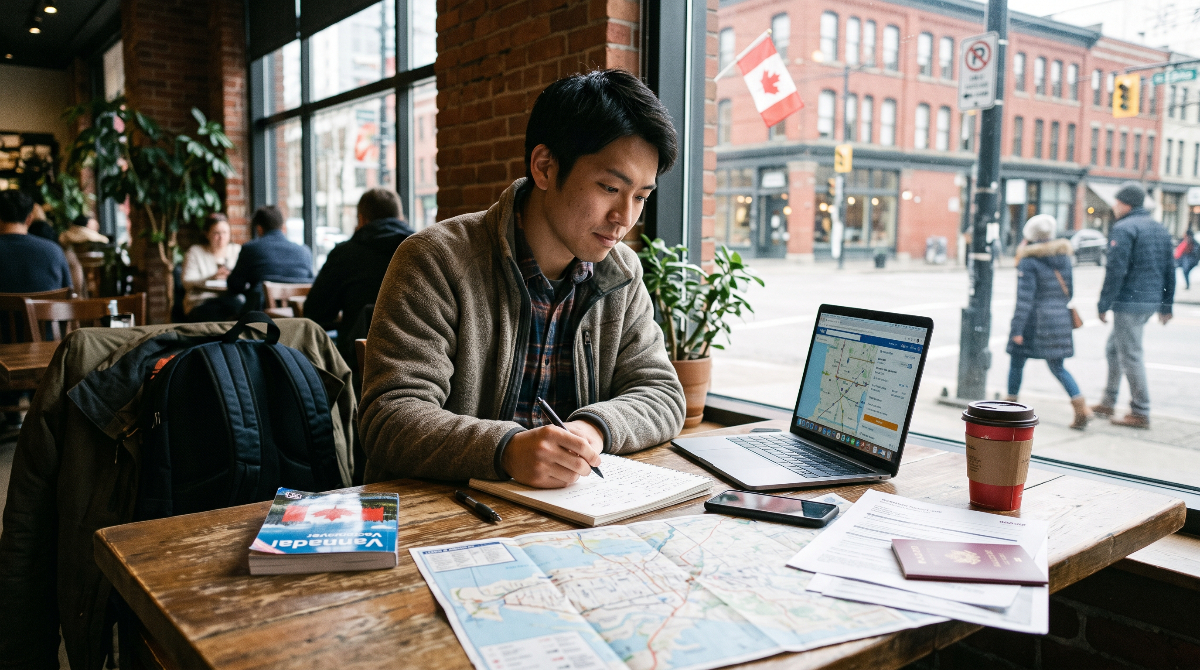 ワーホリ現地のカフェで計画を練る日本人男性の様子