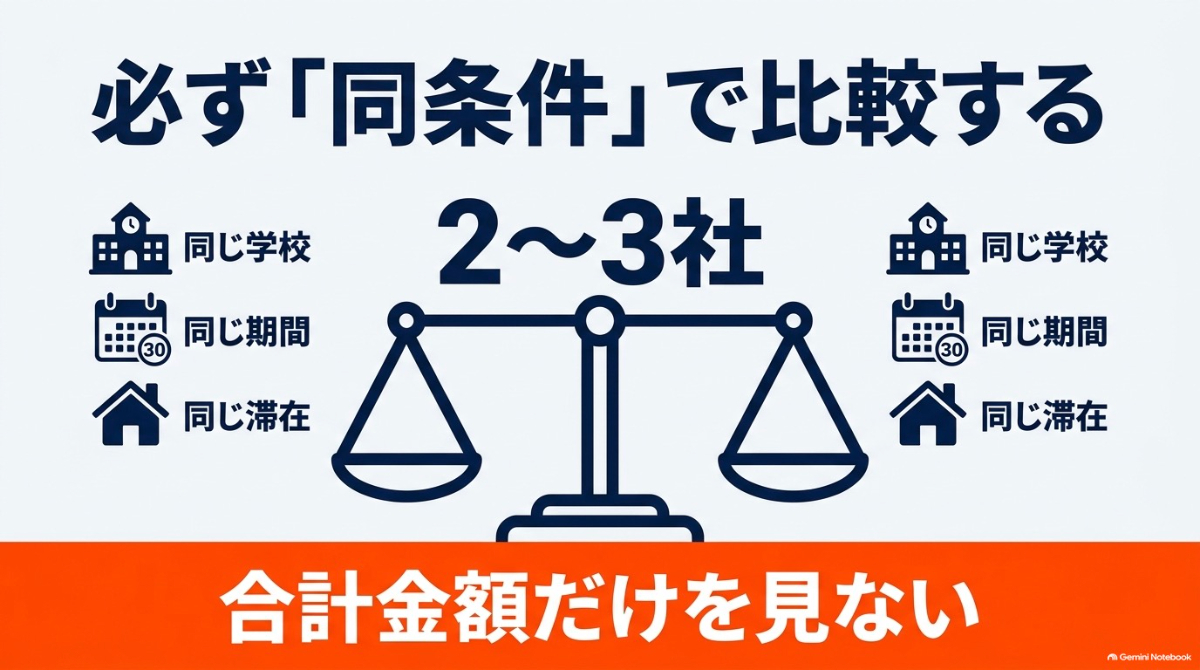 同じ学校・同じ期間・同じ滞在方法でワーホリエージェント2〜3社の見積もりを同条件比較するポイント