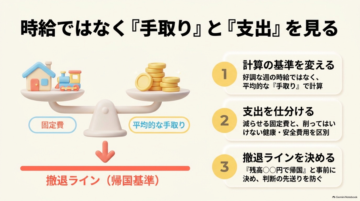 平均的な手取りでの計算、固定費と健康・安全費用の仕分け、帰国基準となる撤退ラインの設定などの収支改善のステップを示すスライド