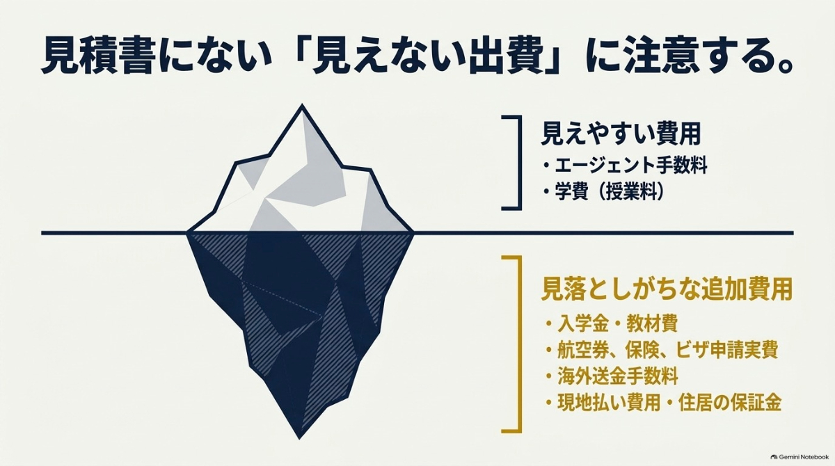 ワーホリ見積もりの授業料・手数料などの見えやすい費用と、入学金・教材費・海外送金料・現地払いなどの見落としがちな追加費用の比較図