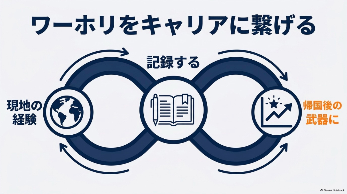 ワーホリ中の現地での仕事や経験を記録し、帰国後の就職・転職活動の武器に繋げるステップ図