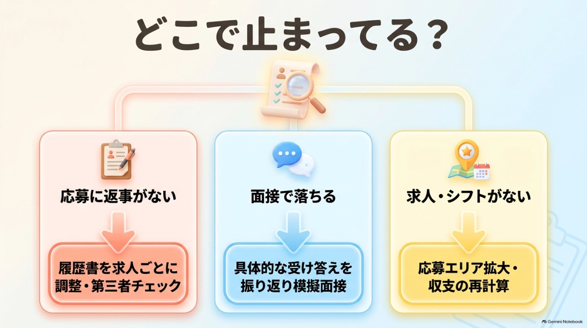 応募に返事がない・面接で落ちる・求人やシフトがない場合など、つまずいている段階別に対策を示す図解