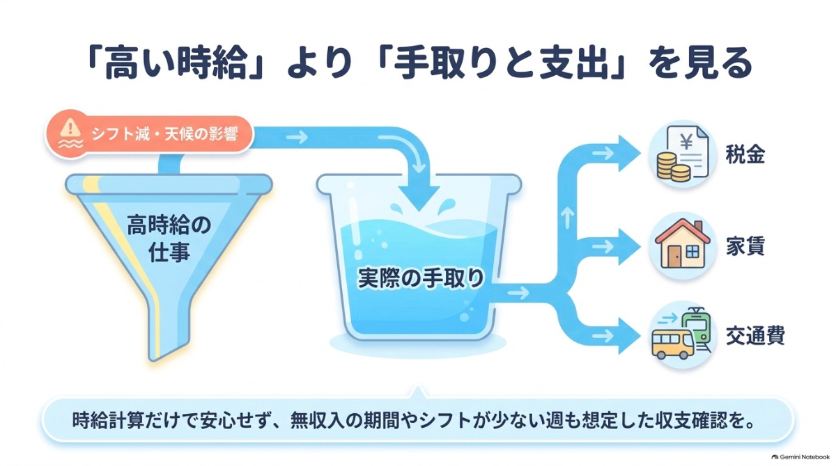 ワーホリでは実際の手取りと支出のバランスを見ることが重要だと示す図解