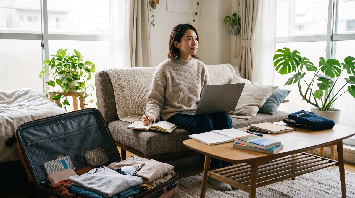 ワーホリ生活に向けて自宅で計画と準備を進める日本人女性の様子