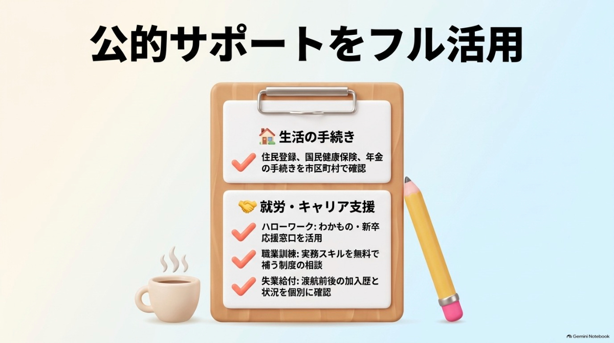 帰国後の生活手続きと、就労・キャリア支援など公的サポートをまとめたスライド