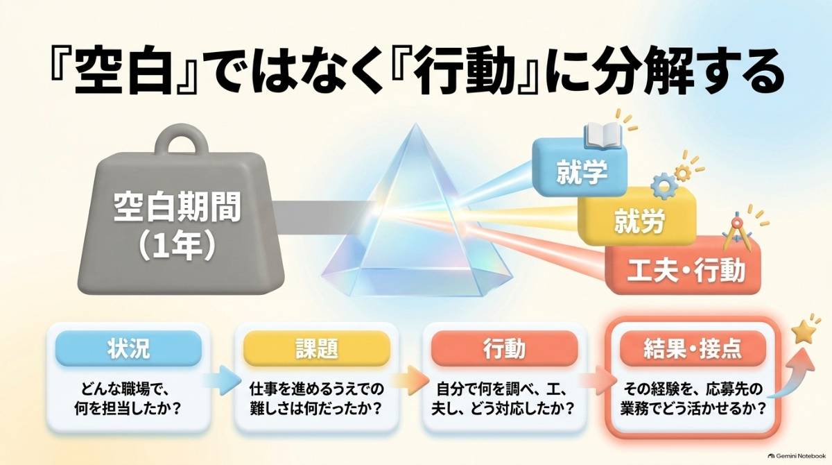 ワーホリ期間を単なる空白ではなく、状況・課題・行動・応募先との接点の項目で整理する図解
