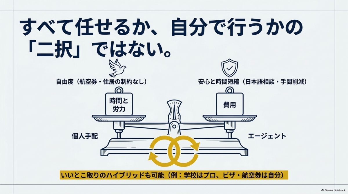 ワーホリの個人手配(時間と労力・自由度)とエージェント利用(費用・安心と時間短縮)のバランスおよびハイブリッド手配の図解
