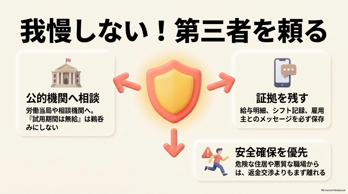 トラブルの際には、公的機関への相談、証拠保存、安全確保の優先という3つの対策を説明したスライド