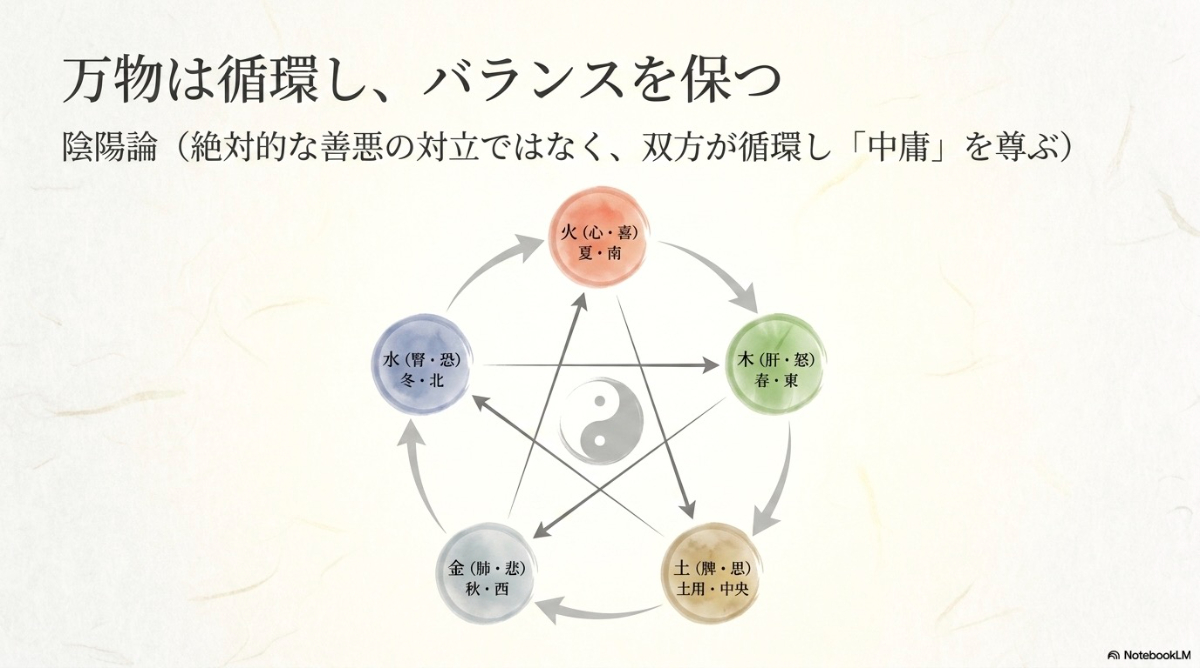 木・火・土・金・水の五行と陰陽論が循環しバランスを保つ東洋の自然観