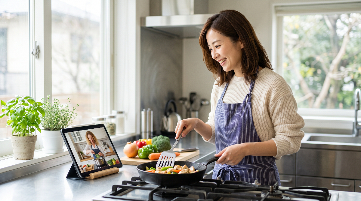 キッチンでタブレットの動画を見ながら、英語の情報をそのまま理解して料理を楽しむ日本人女性